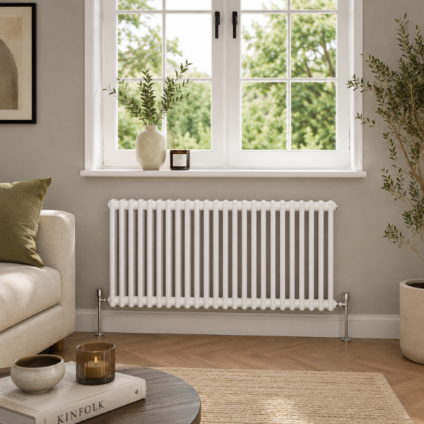 Aura 2 Column Horizontal Radiator White installed beneath a large window in a modern living room with neutral décor and wooden flooring.