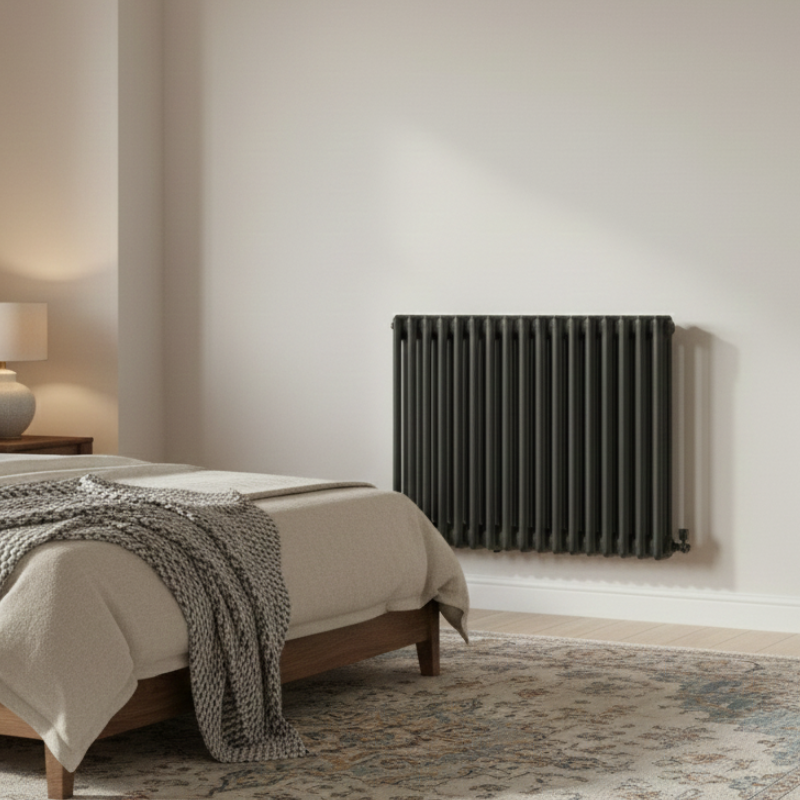 Aura 3 Column Horizontal Radiator 600mm x 695mm Anthracite Roomshot Designer Mild Steel Vertical Radiator | The Radiator Hub
