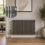 Aura 3 Column Horizontal Radiator 600x695mm Raw Metal installed in a modern interior with close-up inset highlighting the premium raw metal finish.