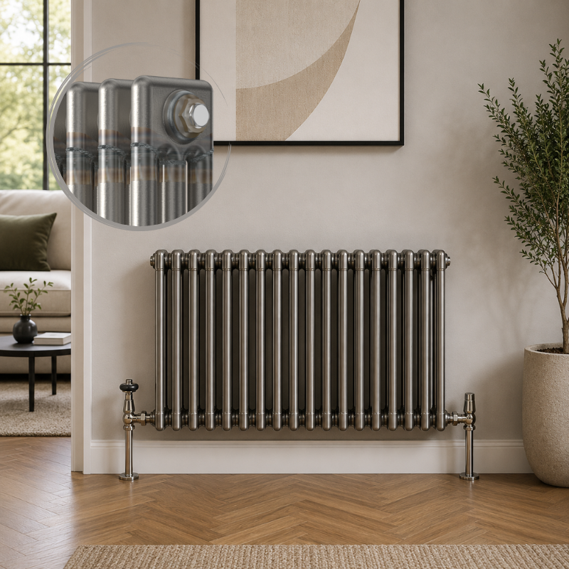 Aura 3 Column Horizontal Radiator 600mm x 695mm Raw Metal Aura 3 Column Horizontal Radiator 600x695mm Raw Metal installed in a modern interior with close-up inset highlighting the premium raw metal finish.