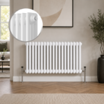 Aura 3 Column Horizontal Radiator 600x695mm White installed in a modern interior with close-up inset highlighting the smooth white finish.