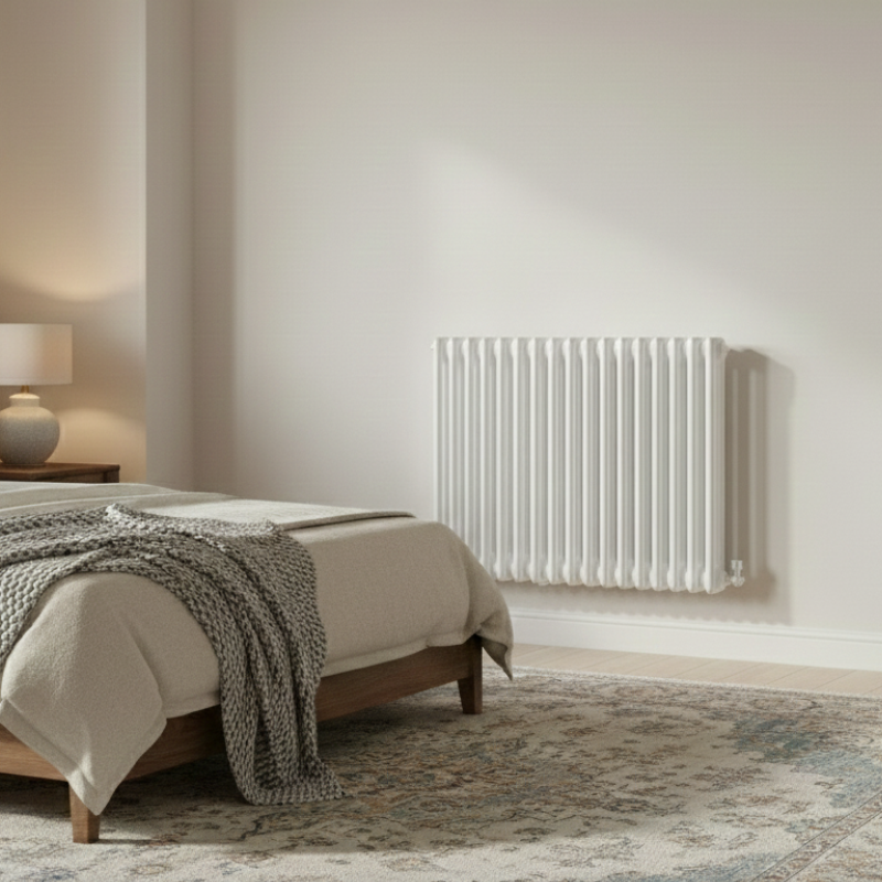 Aura 3 Column Horizontal Radiator 600mm x 695mm White Roomshot Designer Mild Steel Vertical Radiator | The Radiator Hub