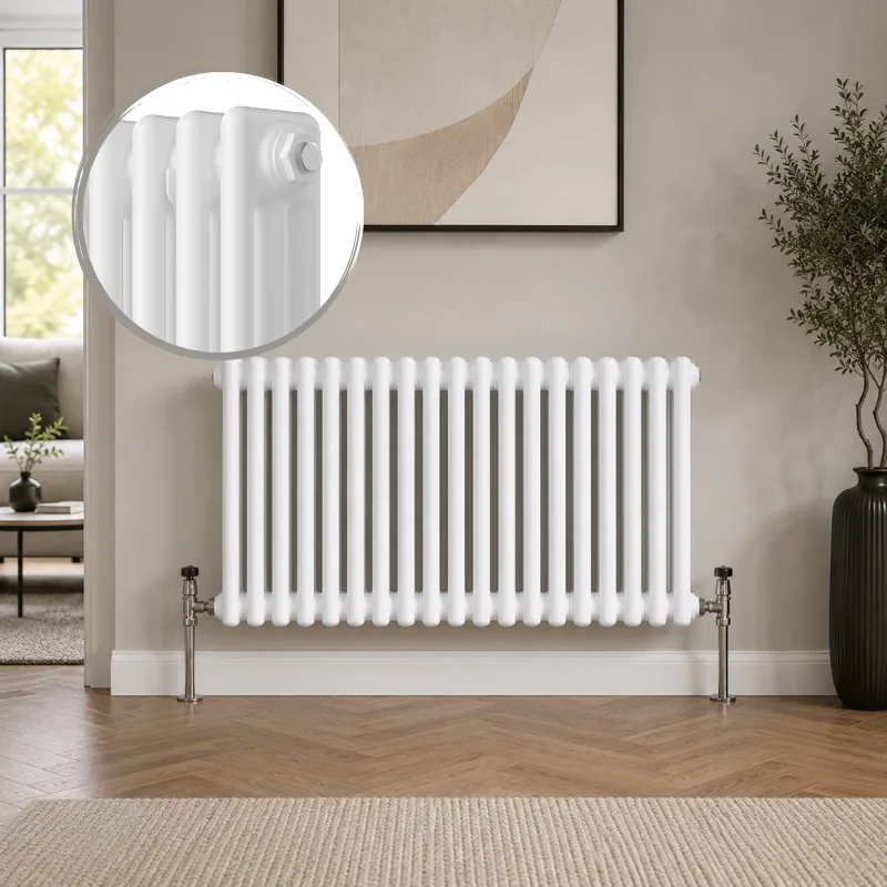 Aura 3 Column Horizontal Radiator 600x695mm White installed in a modern interior with close-up inset highlighting the smooth white finish.