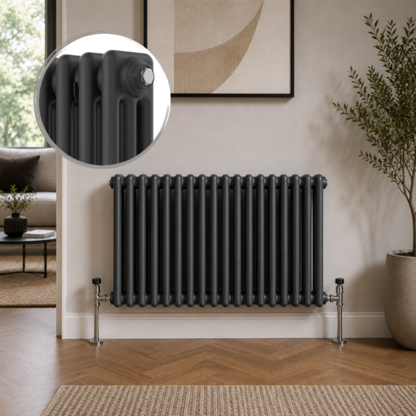 Aura 3 Column Horizontal Radiator 600x785mm Anthracite installed in a modern interior with close-up inset highlighting the textured anthracite finish.