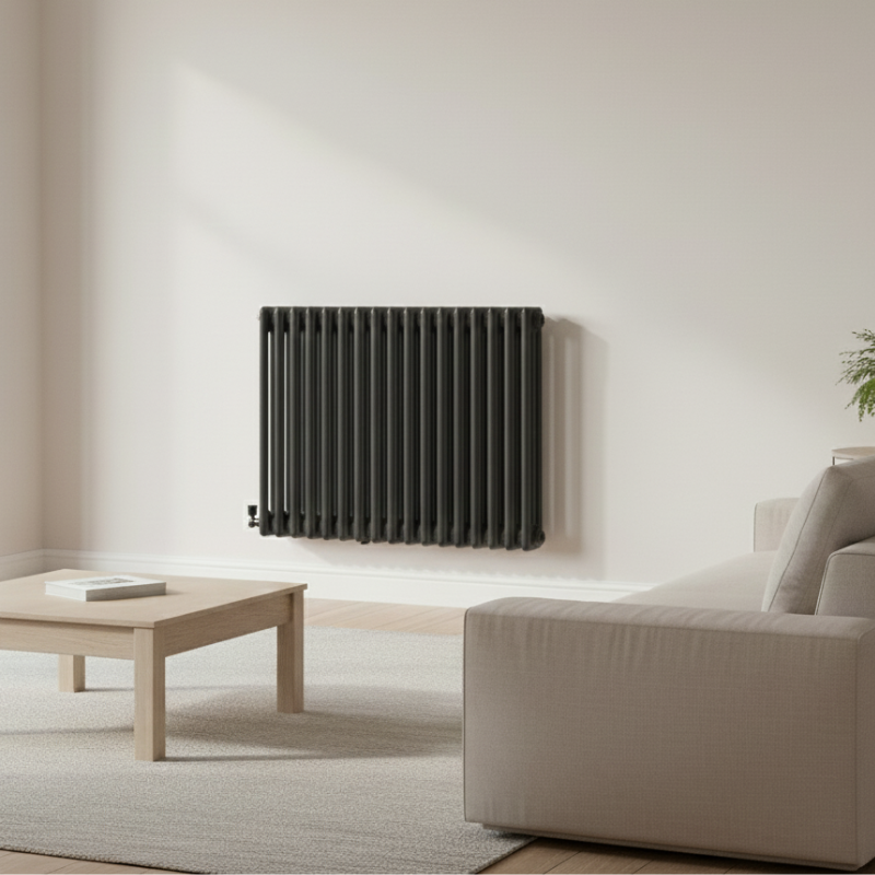 Aura 3 Column Horizontal Radiator 600mm x 785mm Anthracite Roomshot Designer Mild Steel Vertical Radiator | The Radiator Hub