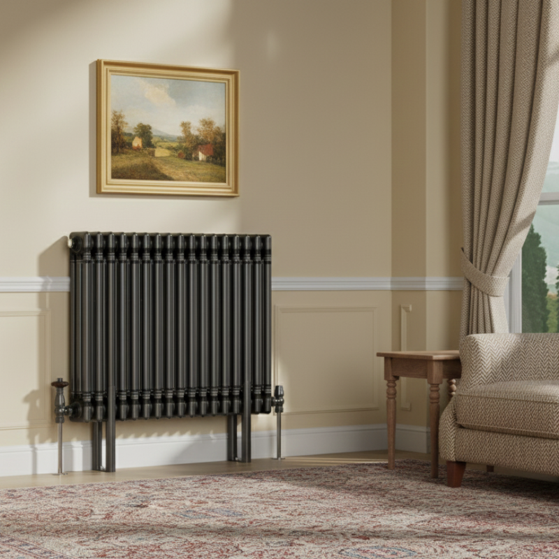 Aura 3 Column Horizontal Radiator 600mm x 785mm Raw Metal Roomshot Designer Mild Steel Vertical Radiator | The Radiator Hub