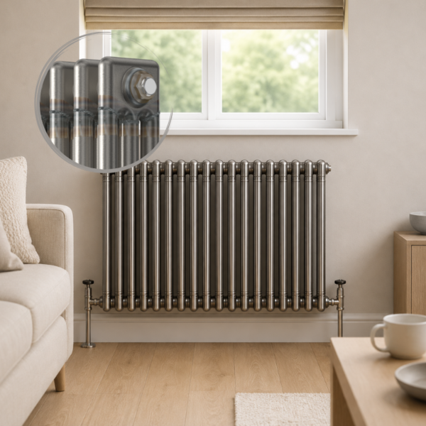 Aura 3 Column Horizontal Radiator 600x830mm Raw Metal installed beneath a window in a modern living room with close-up inset highlighting the premium raw metal finish.