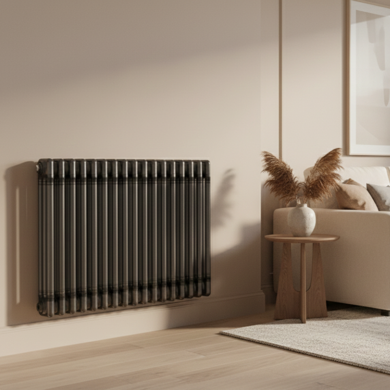 Aura 3 Column Horizontal Radiator 600mm x 830mm Raw Metal Roomshot Designer Mild Steel Vertical Radiator | The Radiator Hub