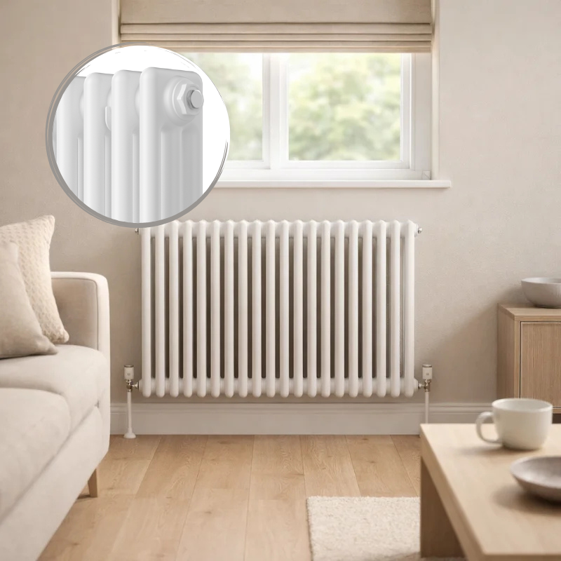 Aura 3 Column Horizontal Radiator 600x830mm White installed beneath a window in a bright modern living room with soft neutral décor.