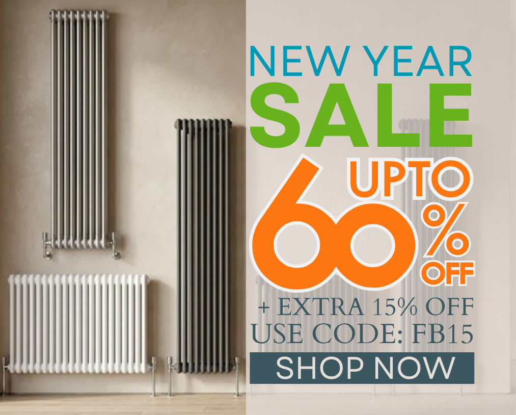 Modern designer radiators New Year Sale up to 60% off plus an extra 15% off with code FB15, free UK delivery, and limited time offer from The Radiator Hub.
