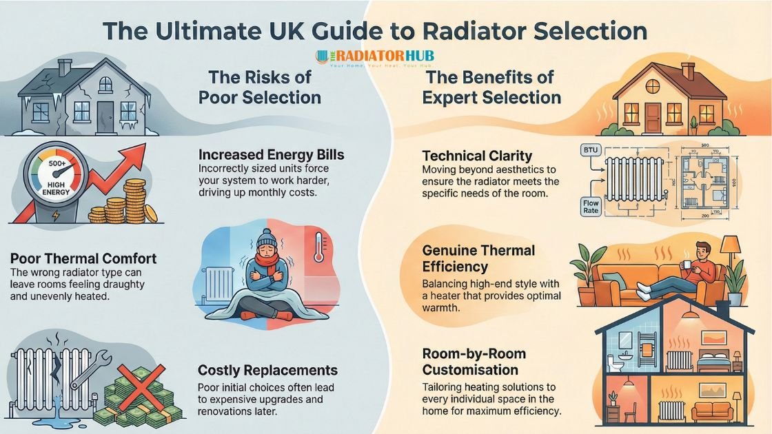 Infographic showing the ultimate UK guide to radiator selection, comparing the risks of poor radiator choice with the benefits of expert radiator selection for different rooms in a home.