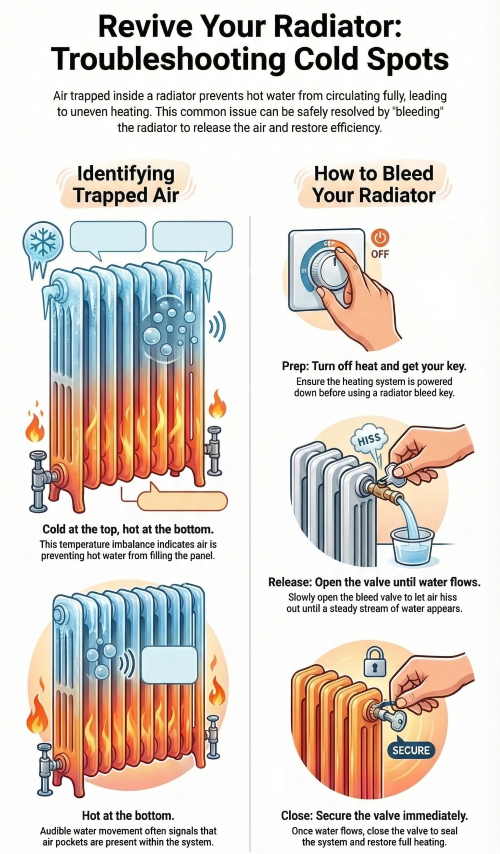 Step-by-step guide explaining how to bleed a radiator to remove trapped air, fix cold spots and restore even heat in a central heating radiator.