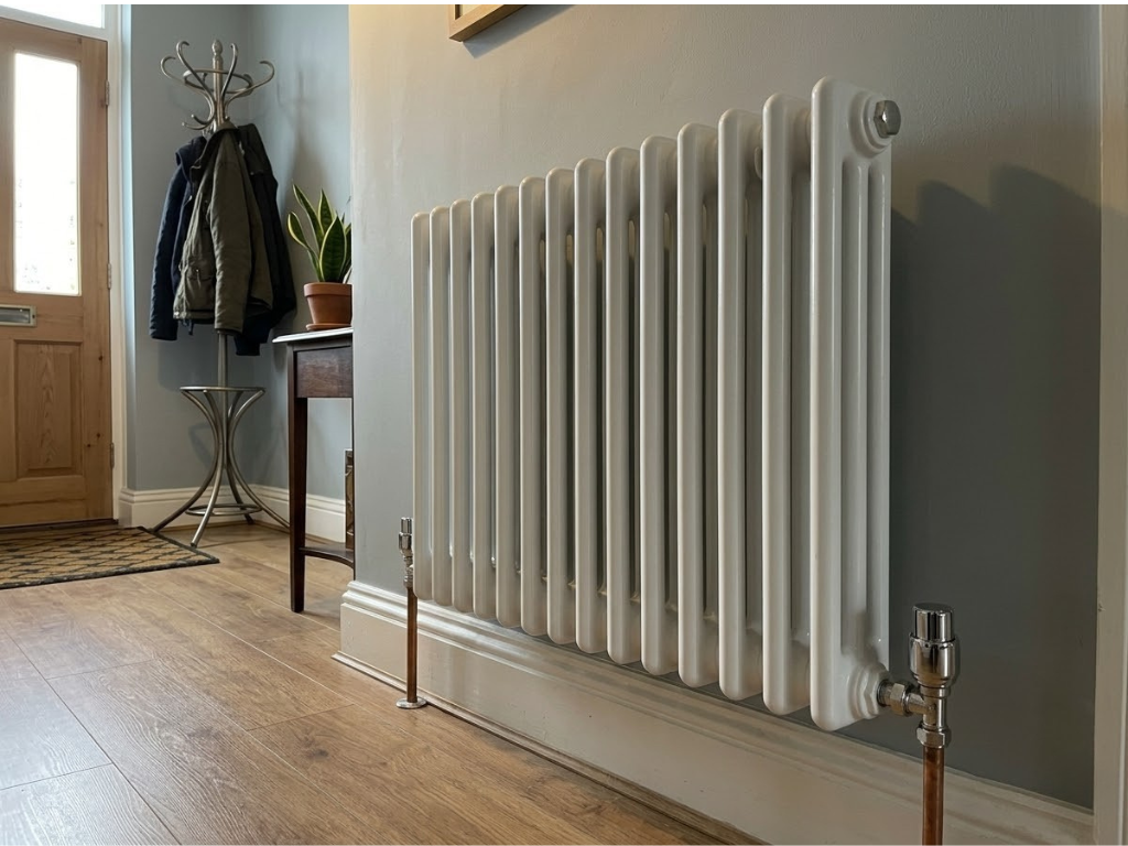 A white multi-column radiator installed in UK hallway. The radiator is mounted on a light grey wall above a white skirting board, featuring realistic chrome valves and copper pipework leading into the oak-effect laminate flooring. In the background, a wooden front door with glass panes lets in natural daylight, next to a coat rack and a small side table with a potted plant.