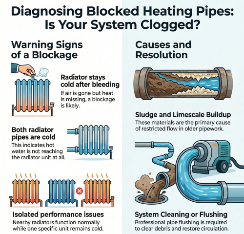 Infographic explaining blocked heating pipes in a central heating system, showing warning signs such as radiators staying cold after bleeding and causes like sludge and limescale buildup in pipework.