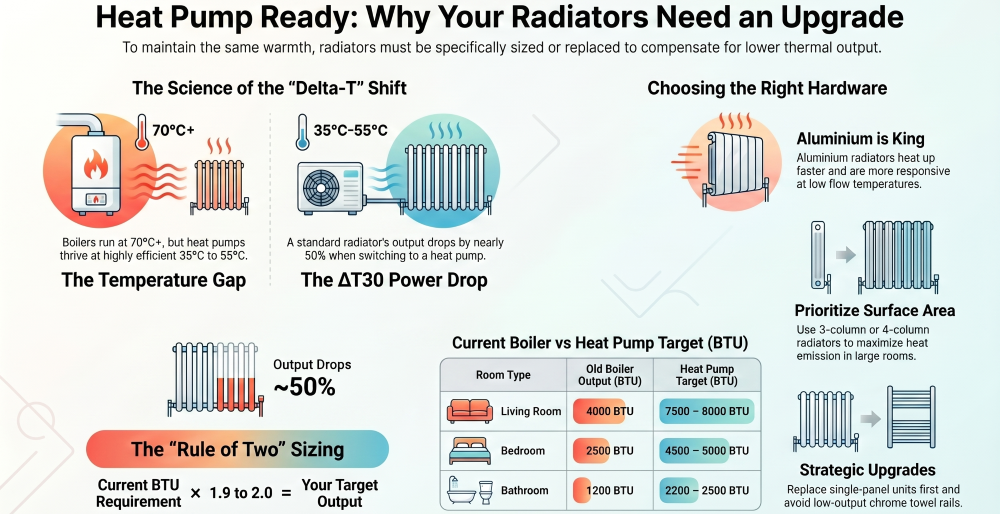 Infographic showing heat pump radiator sizing in the UK, comparing boiler vs heat pump temperatures, ΔT30 heat loss, and why larger aluminium or column radiators are needed for efficient low-temperature heating.