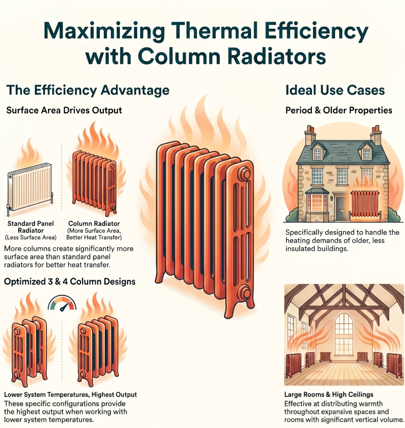 Infographic showing how column radiators maximise thermal efficiency through increased surface area compared to standard panel radiators. Highlights 3 and 4 column radiator designs for higher heat output at lower temperatures, ideal for heat pump systems, older properties, and large rooms with high ceilings.