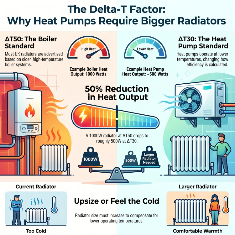 Infographic explaining Delta T difference in heating systems showing why heat pumps require larger radiators. Compares ΔT50 boiler systems producing around 1000W heat output with ΔT30 heat pump systems producing about 500W, illustrating a 50 percent reduction in heat output and the need to upsize radiators for comfortable warmth.