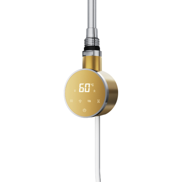 Brushed Brass Round WiFi Thermostatic Electric Heating Element with warm gold finish, front view