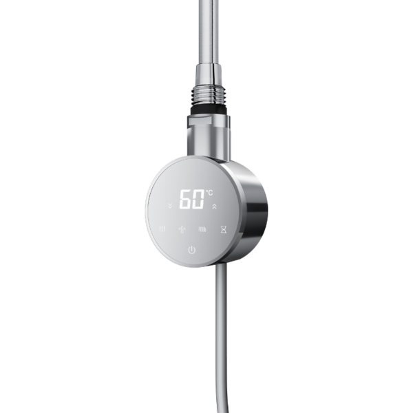 Smart Chrome Round WiFi Thermostatic Electric Heating Element with polished chrome finish, front view