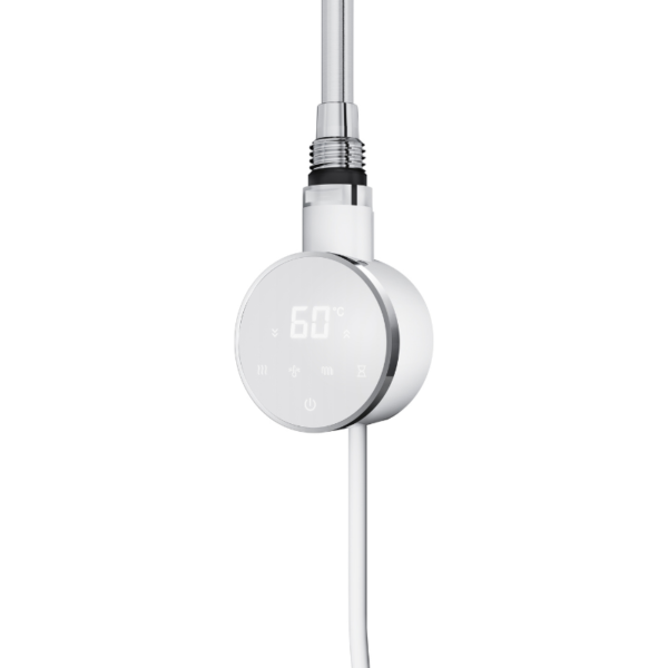 Smart White Round WiFi Thermostatic Electric Heating Element with digital touchscreen, front view