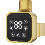 Brushed Brass Square Smart WiFi Thermostatic Electric Heating Element with warm brass finish and LED display, front view