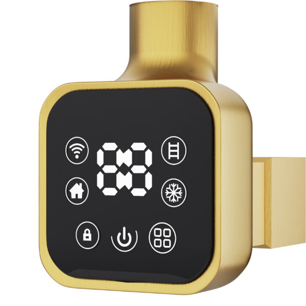 Brushed Brass Square Smart WiFi Thermostatic Electric Heating Element with warm brass finish and LED display, front view