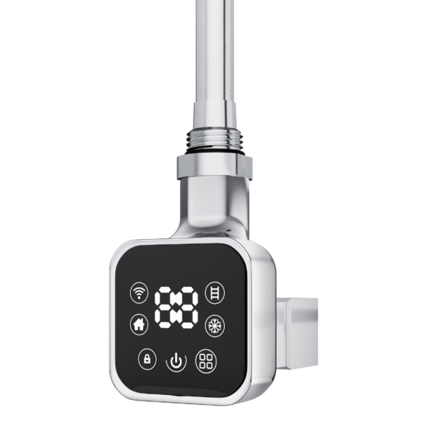 Chrome Square Smart WiFi Thermostatic Electric Heating Element with polished finish and LED display, front view