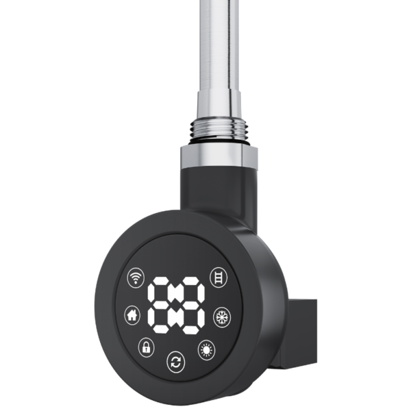 Black Round Smart WiFi Electric Heating Element with LED display, front view on white background