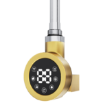 Brushed Brass Round Smart WiFi Electric Heating Element with LED display and warm brass finish, front view