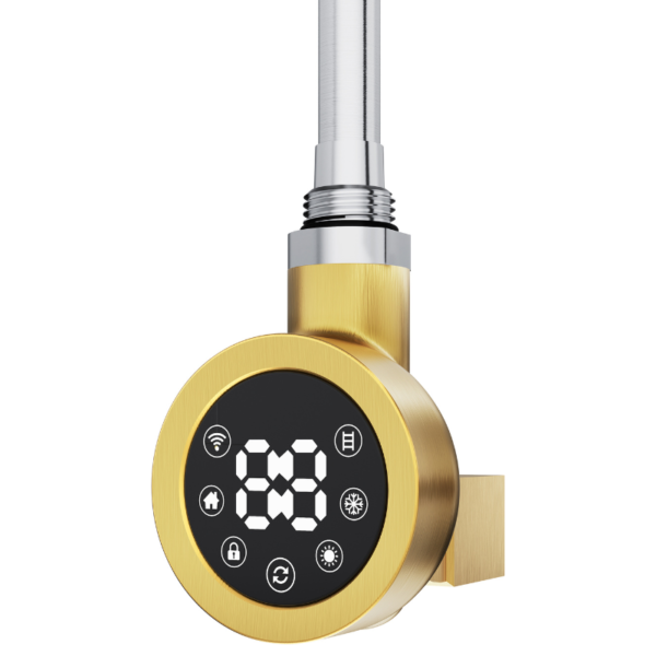 Brushed Brass Round Smart WiFi Electric Heating Element with LED display and warm brass finish, front view