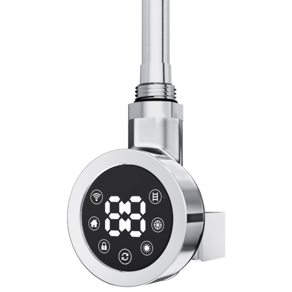 Chrome Round Smart WiFi Electric Heating Element with LED display and polished chrome finish, front view
