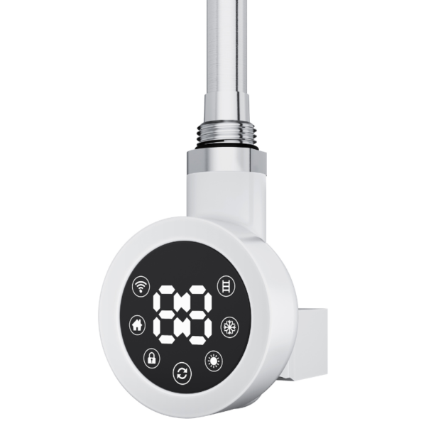 White Round Smart WiFi Electric Heating Element with LED display showing temperature readout, front view