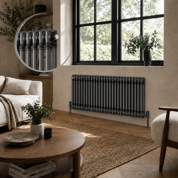 Aura 2 Column Horizontal Radiator 600mm x 1415mm Raw Metal installed beneath a large black-framed window in a modern luxury living room with a close-up inset highlighting the premium raw metal finish and welded column detail.
