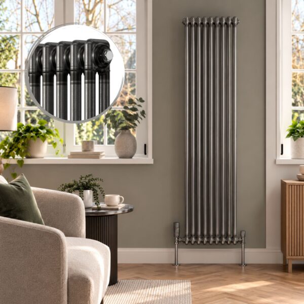 Aura 2 Column Vertical Radiator 1800mm x 425mm in Raw Metal with close-up of classic column design