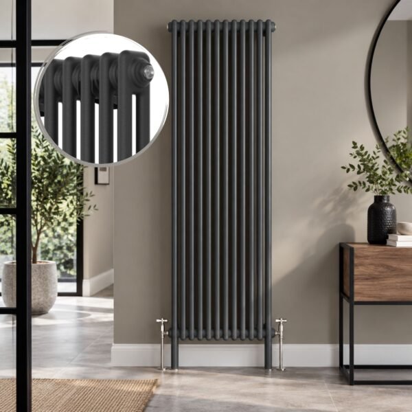 Aura 2 Column Vertical Radiator 1800mm x 515mm in Anthracite installed in a modern interior