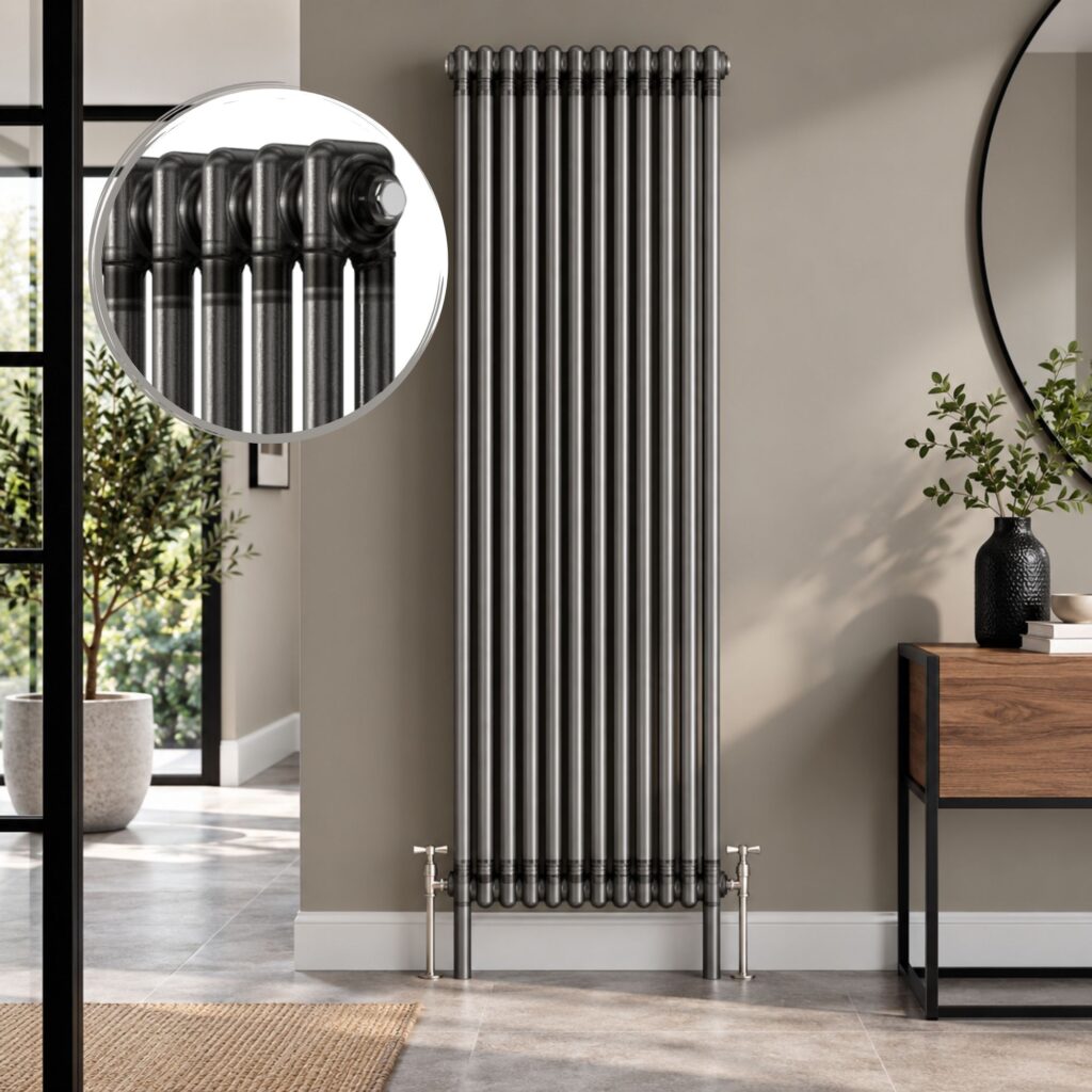 Aura 2 Column Vertical Radiator 1800mm x 515mm in Raw Metal installed in a modern interior