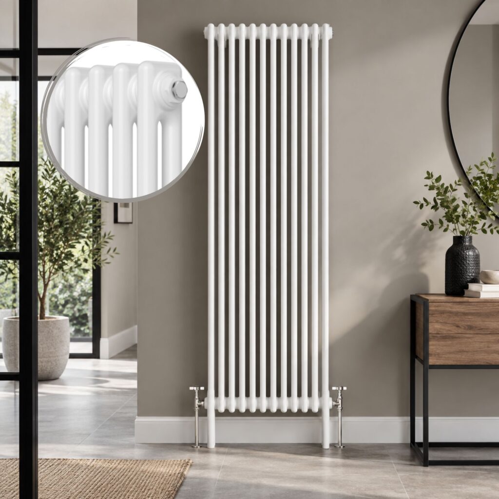 Aura 2 Column Vertical Radiator 1800mm x 515mm in White installed in a modern interior