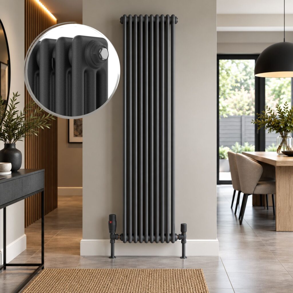 Anthracite Aura 3 column vertical radiator, 1800mm x 425mm, installed in a modern dining room.