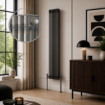 Aura 3 Column Vertical Radiator 1800mm x 425mm Raw Metal installed in a modern Scandinavian-style living room with a close-up detail highlighting the authentic raw metal finish and traditional 3-column design.