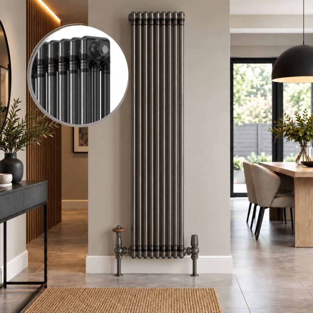 Aura 3 column vertical radiator, 1800mm x 425mm, in a raw metal finish installed in a modern dining room.