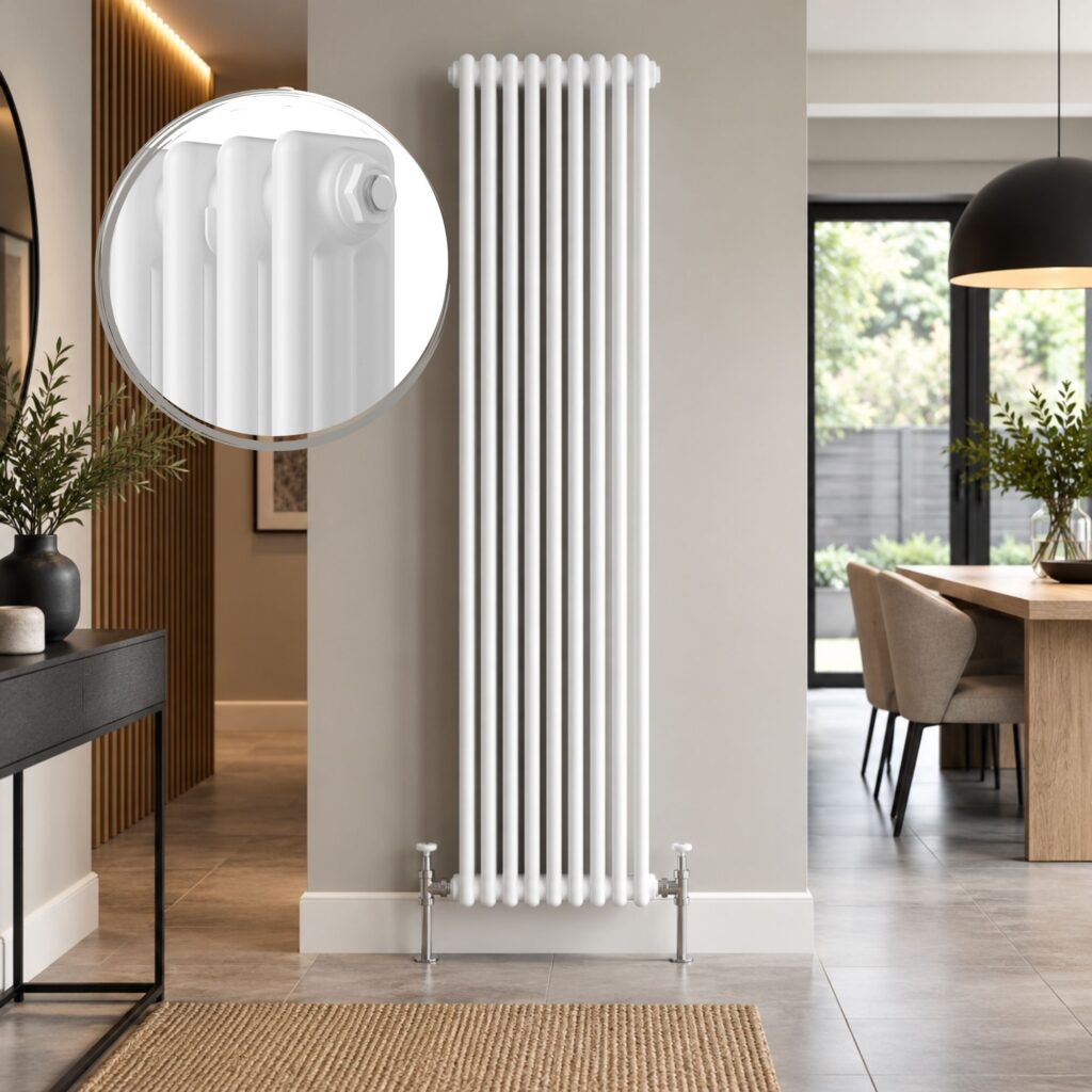 White Aura 3 column vertical radiator, 1800mm x 425mm, installed in a modern dining room.