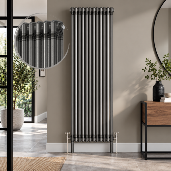 3 Column Vertical Radiator 1800mm x 515mm in Raw Metal, front view, wall-mounted
