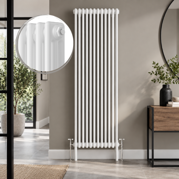 White 3-column vertical radiator installed in a modern living room or hallway