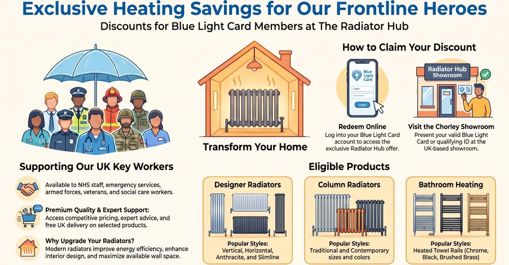 Blue Light Card discount infographic by The Radiator Hub showing exclusive savings on designer radiators, column radiators and bathroom heating products for NHS staff, emergency services and UK key workers.