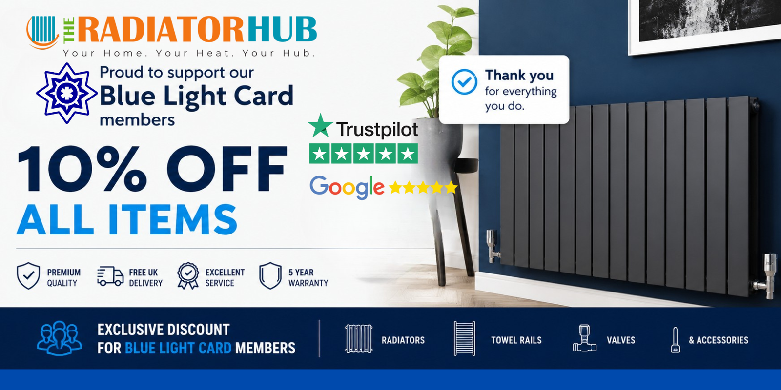 The Radiator Hub Blue Light Card discount banner offering 10% off designer radiators, column radiators, towel rails, valves and accessories for NHS staff, emergency services and UK key workers.