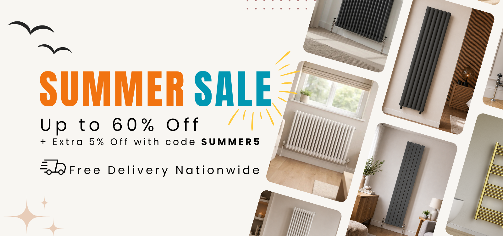 TRH Summer Sale banner featuring a range of modern designer radiators and towel rails with up to 60% off, an extra 5% discount using code SUMMER5, and free nationwide delivery.