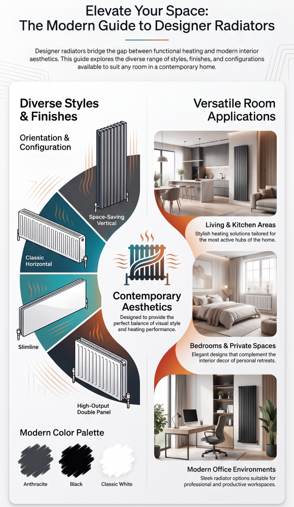 Infographic guide to designer radiators showing vertical radiators, horizontal radiators, slimline radiators and double panel radiators, with examples of modern living rooms, bedrooms and office spaces.