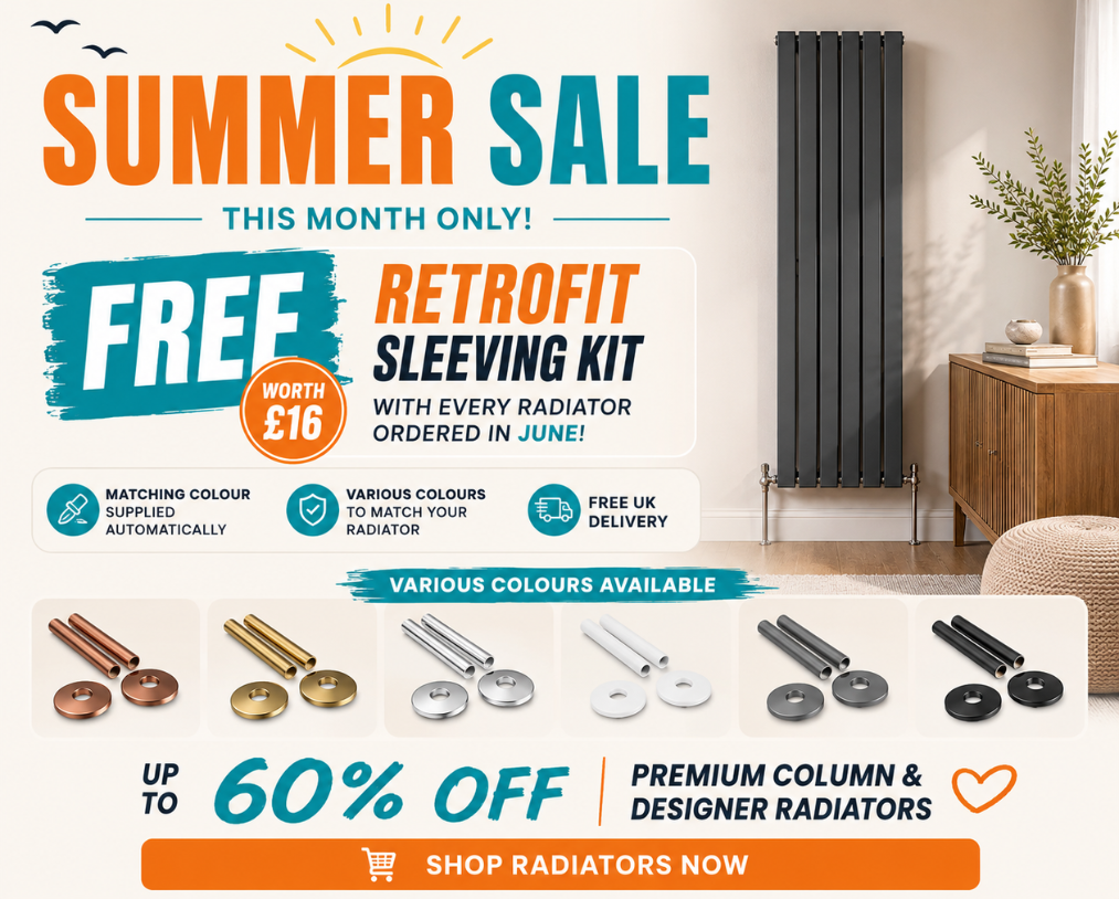 The Radiator Hub Summer Sale mobile banner showing a free retrofit sleeving kit with every radiator ordered in June, various colour options, free UK delivery and up to 60% off premium designer and column radiators.