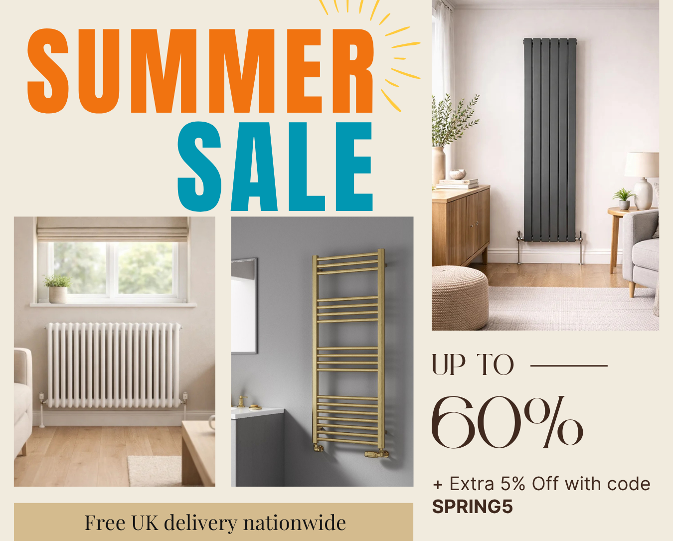 Mobile promotional banner for The Radiator Hub Summer Sale featuring designer radiators and towel rails with up to 60% off, an extra 5% discount using code SUMMER5, and free UK nationwide delivery.