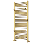 Brushed brass curved heated towel rail installed in a contemporary bathroom with white tiles and folded towels